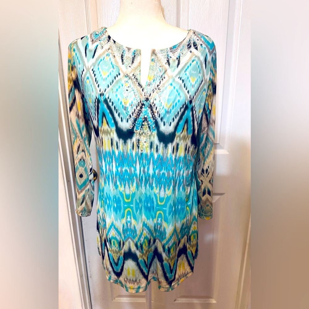 INC International Concepts Blouse Blue Beaded Patterned Long Sleeve Size Large